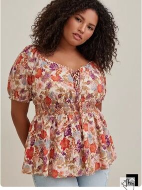 Torrid Georgette Smocked Waist Puff Sleeve Boho Floral Peplum Top 1X Cottagecore